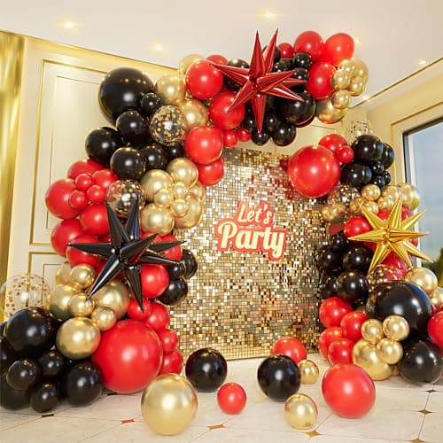 Bonropin 161pcs Red Black and Gold Balloons Garland Arch Kit with 5101218in Red Black Gold Balloons Explosion Star Balloons for 2025 Graduation Anniversary Casino Wedding Birthday Party Decorations