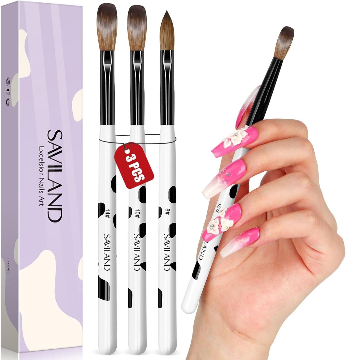 Saviland Acrylic Nail Brush Set 3pcs Professional Nail Brush for Acrylic Powder Nails Kolinsky Acrylic Brush Wooden Handle Nail Art Brushes Nail Tools Kit Size 81014