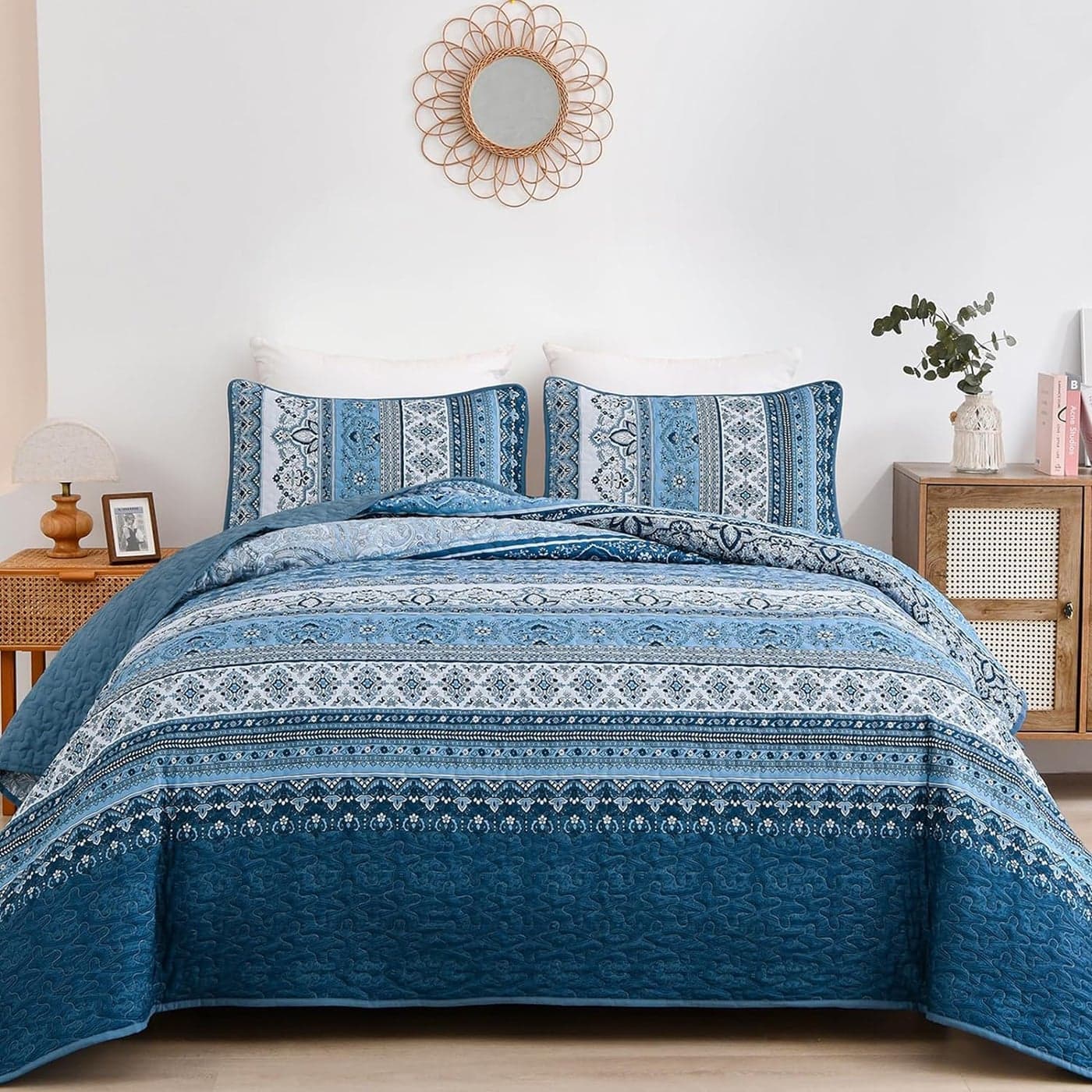WONGS BEDDING Blue Quilt Set Full Size Boho Striped Quilt Sets 3 Pieces Bedspread Coverlet SetBohemian Soft Microfiber Lightweight Bedding Set for All Season78x90