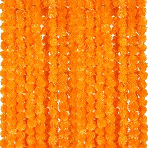 Giegxin 15 Pack Marigold Garland for Decoration 5 ft Long Strands Faux Artificial Marigold Flowers Diwali Indian Wedding Party Mantle Decor for Da De Muertos Pooja Religious PongalLight Orange