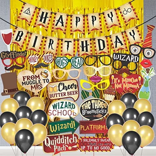 WOBBOX Happy Birthday Combo Harry Potter Theme Party Props 29 Pcs with Orange & Red Colour Bunting Banner & Balloons & Foil Curtain, Birthday Decoration Item