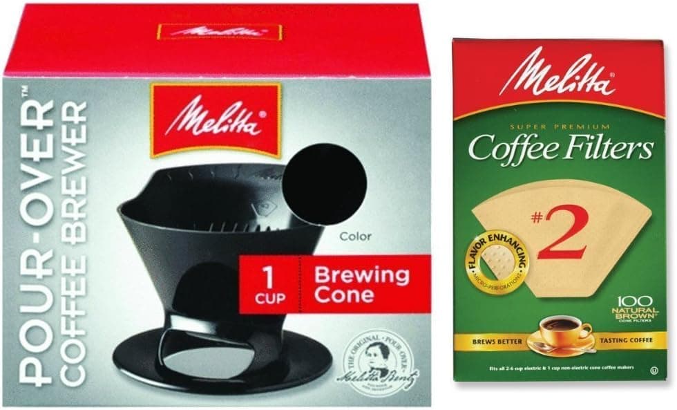 Melitta Pour Over Coffee Cone Brewer 2 Filter Natural Brown Combo Set Black