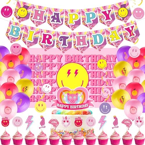 Remerry 111 Pcs Preppy Birthday Decorations Preppy Party Decorations Pink Smile Face Party Supplies Set Pink Happy Birthday Banner Balloon Stickers Toppers for Smile Happy Face Y2k Decoration