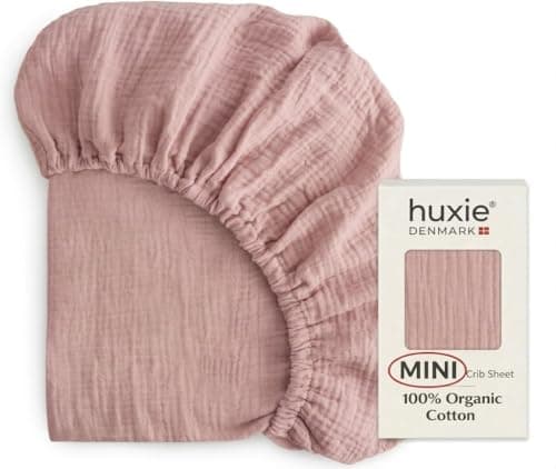 Huxie Mini Crib Sheets Organic Cotton Muslin Fitted MINI 24x 38 Crib Sheet for Pack and Play UltraSoft and Breathable for Girls Mini Blush