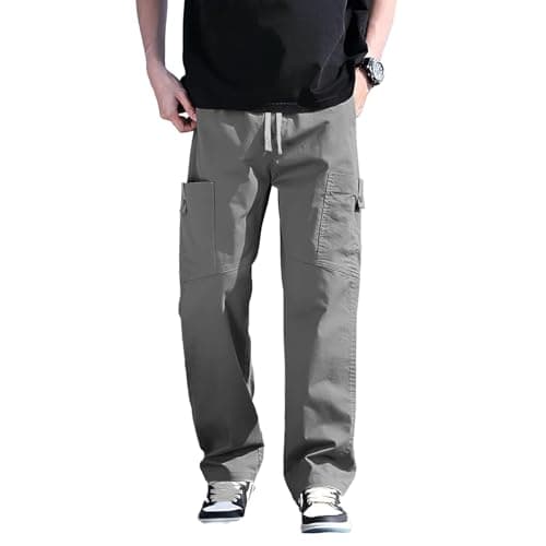 SMOWKLY Men’s Cotton Cargo Pants | Casual Trousers for Men | Comfortable Lower for Men | Breathable Pants with 6 Pockets & Drawstring Elastic Waistband (in, Numeric, 34, Regular, Grey)