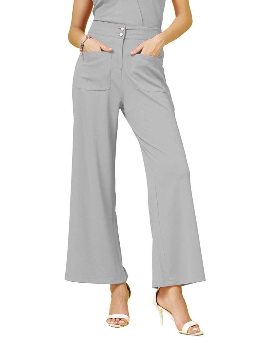Women's Wide Leg Pants | Solid Grey Stretchable Polyester Trousers | Stylish Korean Clothing | Flared, Straight Fit, Baggy, and Loose Jeggings for Girls and Women