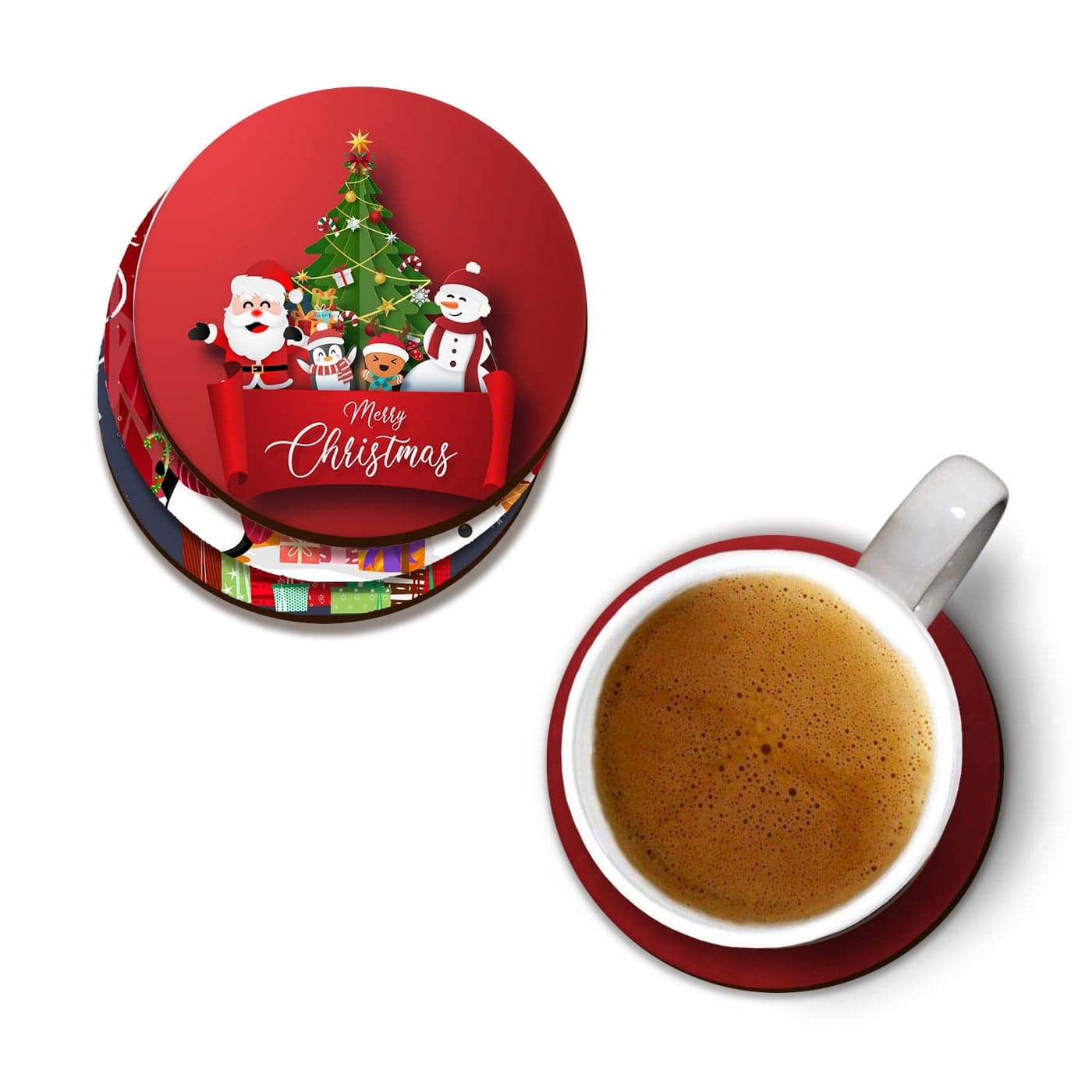 PRINTELLIGENT Christmas Wooden Tea Coasters for Drinks Christmas Theme Printed MDF Wooden Tea Coaster Set of 6 (Pt-C)