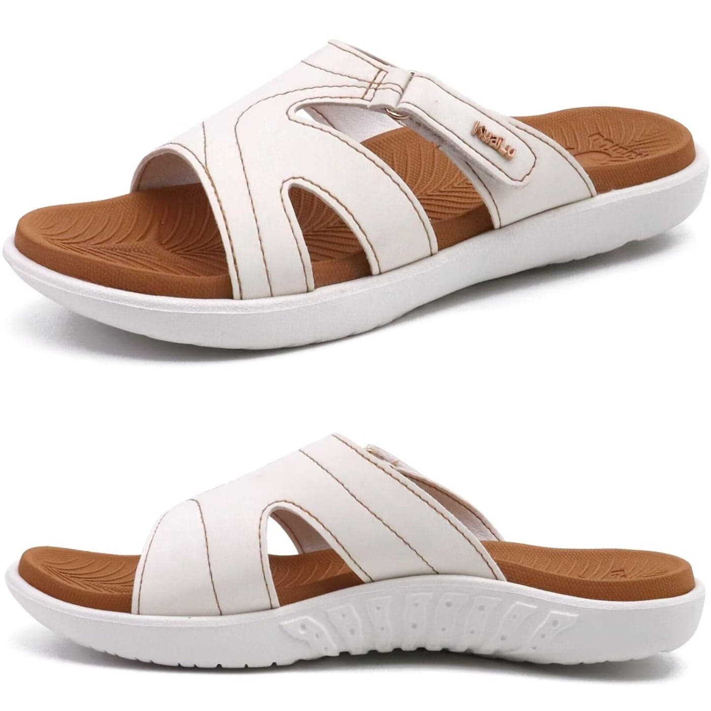 KuaiLu Womens Fashion Orthotic Slides Ladies Lightweight Athletic Yoga Mat Walking Sandals Slip On Thick Cushion Recovery Slippers Sandles Comfortable Plantar Fasciitis Arch Support White Khaki Size 9