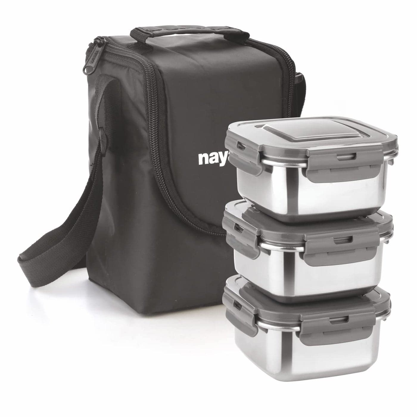Nayasa stainless steel Eco Crunch 3 Lunch Box|3 Containers of 300 ml Each|Ziper Pouch|Airtight & Leak Proof Lid|4 Side Lock|Ideal for School|College|Office|Full Meal & Easy to Carry|Black
