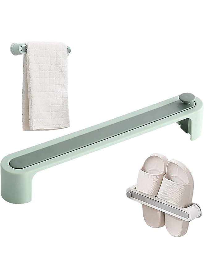 Slippers and Towel Holder for Bathroom Shoe Organizers Towel Bar Folding Holder Shoes Hanger Wall Mounted Slippers and Towel Organizer Rack 2pcs (Green)