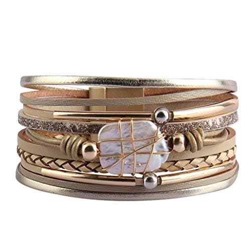 GelConnie Womens Leather Cuff Bracelet Baroque Pearl Boho Wrap Cuff Bracelets Gold Tube Bangle Infinity Wrap Bracelet Handmade Wristbands Jewelry Bohemian Gift for Women, Mother