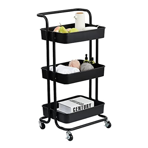 HARIVAR MART 3-Tier Metal Rolling Utility Cart with Handle | Multipurpose Mobile Storage Organizer Trolley with 360-Degree Wheels | Space-Saving Rack for Kitchen, Bathroom, Office, and Makeup