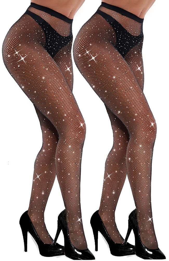 VEBZIN 2 Pack Sparkly Tights Black Fishnet Tights For Women Rhinestone Fishnets Stockings