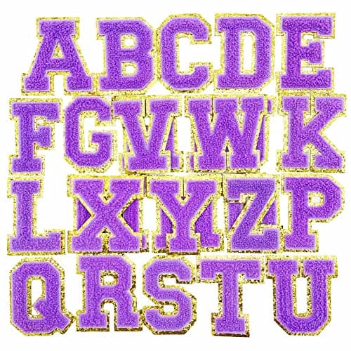 Jongdari Chenille Iron on Letters for Clothing, Glitter Varsity Alphabet Patch Sewing Appliques with Ironed Adhesive - 26pcs, Purple