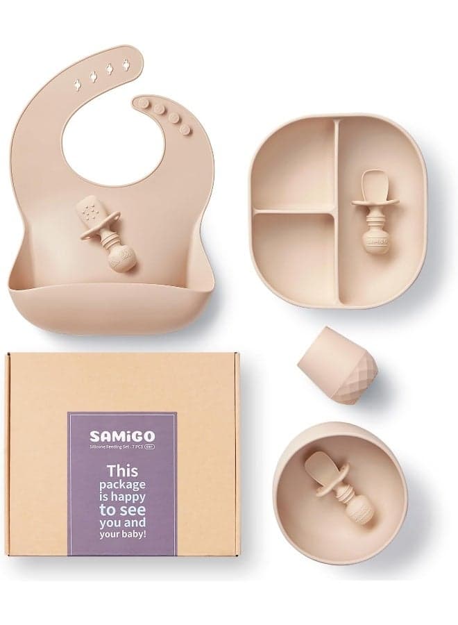 SAMiGO Silicone Baby Feeding Set, Suction Plate Bowl Set, Self Feeding Spoons, Bib, Cup, Baby Led Weaning Supplies, First Stage Feeding Essentials, Food Eating Utensils, 6+ Months