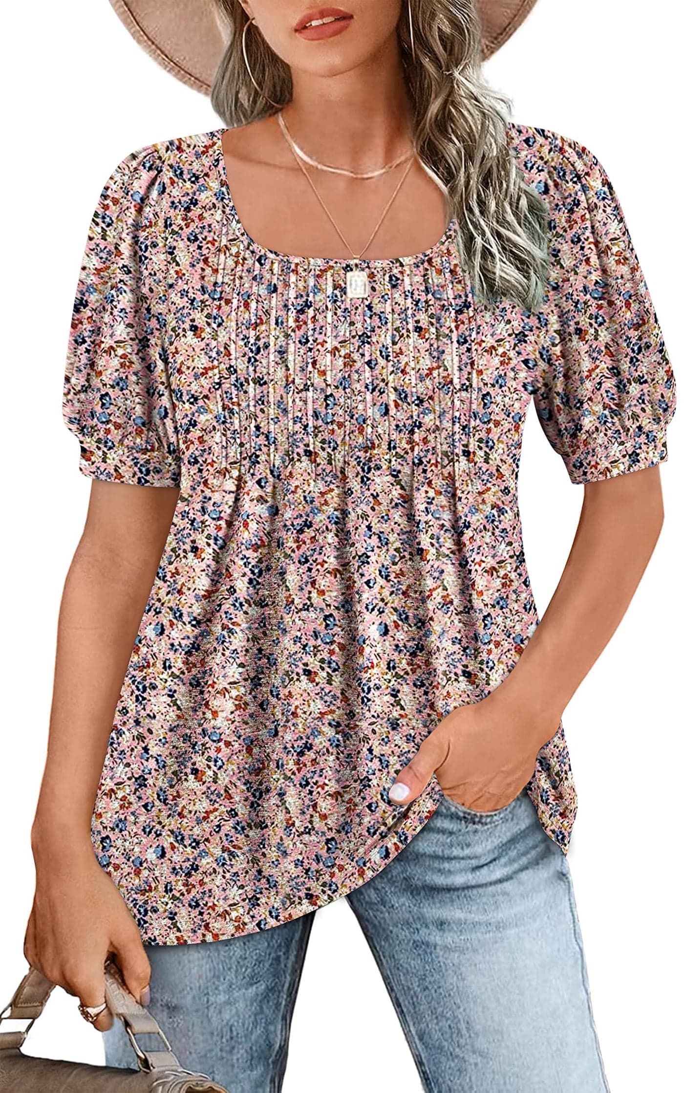 Zwurew Women Floral Print boho Tops Summer Short Sleeve U Neck Pleated Flowy Babydoll Tshirts Shirts for Office Work White XL
