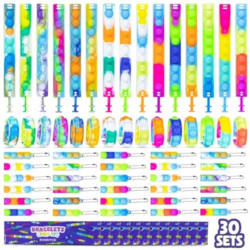 BONNYCO Pop It Bracelets and Keychains Pack 30 Kids Party Favors Goodie Bags Stuffers for Kids Fidget Toys Pop Its Bulk Return Gifts for Birthday Party Goody Bag Stuffers Pinata Classroom Prizes
