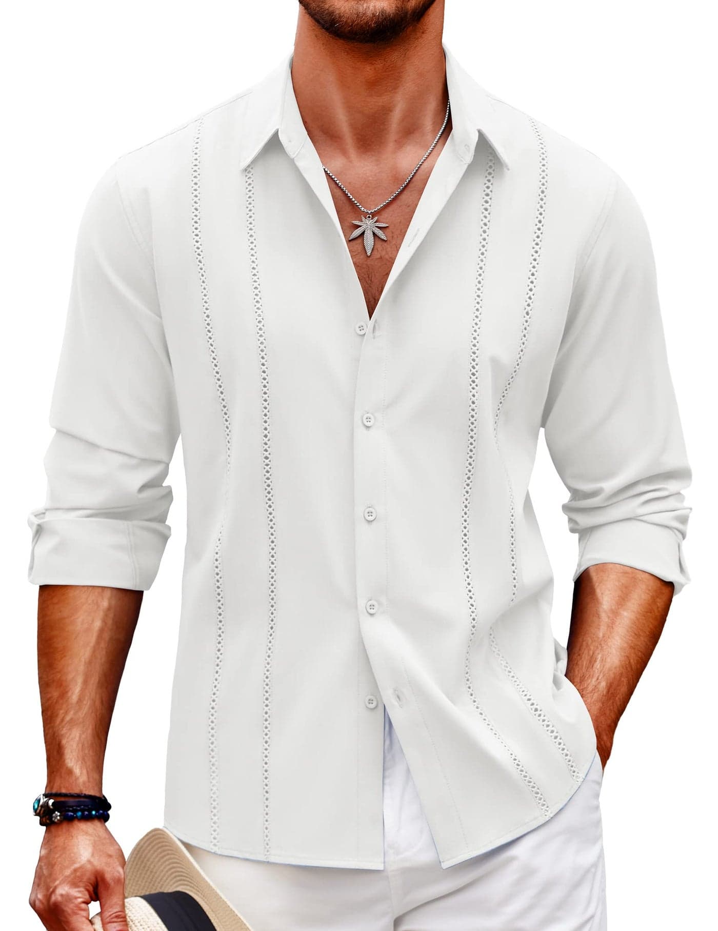 COOFANDY Men's Linen Shirts Long Sleeve Casual Button Down Shirts for Men Summer Beach Shirt Hawaiian Shirt for Men A-White