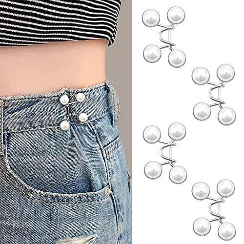Alamic 4 Sets Reusable Pant Waist Tightener Adjustable Buttons for Jeans, White Pearl