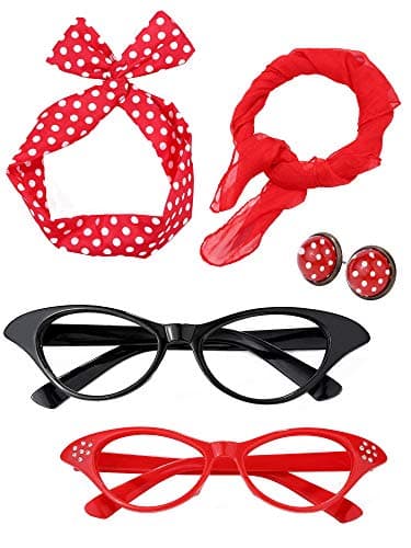 SATINIOR 6 Pack 50s Women Costume Accessories Set Halloween Party Costumes for Women1950s Scarf Headband Earrings Bandana Tie Cat Eye Glasses(Red, Black)