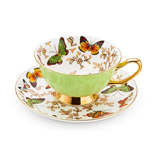 LURRIER Coffee Cup Mug with Saucer for Latte, Cappuccino Tea with Butterflies 6.8 Oz Fine Bone China, Dishwasher Safe, Reactive Glaze, 1 Pcs (Green)