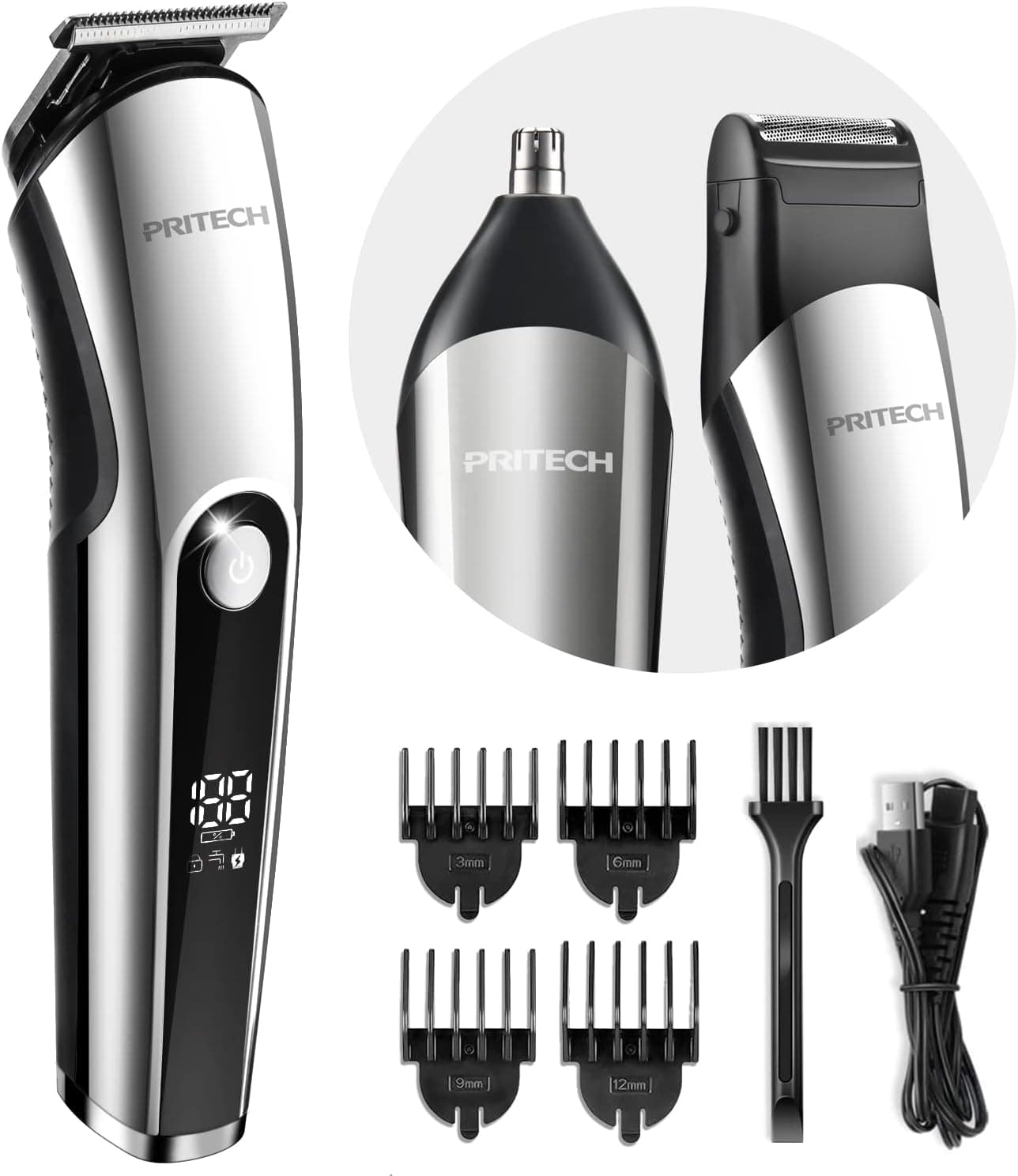 PRITECH Beard Trimmer for Men 3 in 1 Hair Trimmer for Men Kit Nose Ear Trimmer Micro Shaver Mens Grooming Set Cordless with LED Display IPX6 Waterproof Silver