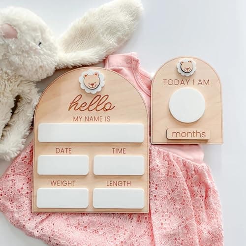 Cliths Wooden Dry Erase Baby Birth Detail Chart and Milestone Cards for New Born with Interchangeable Acrylic Monthly Numbers, Props for Baby Shoot