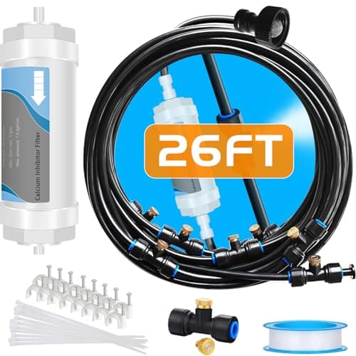 Misting System with Water Filter - Upgraded Signice 26 Ft (8M) Line & 7 Brass Mist Nozzles Outdoor Misters for Patio Cooling Mister Systems Kit for Outside Garden Backyard Greenhouse (Black)