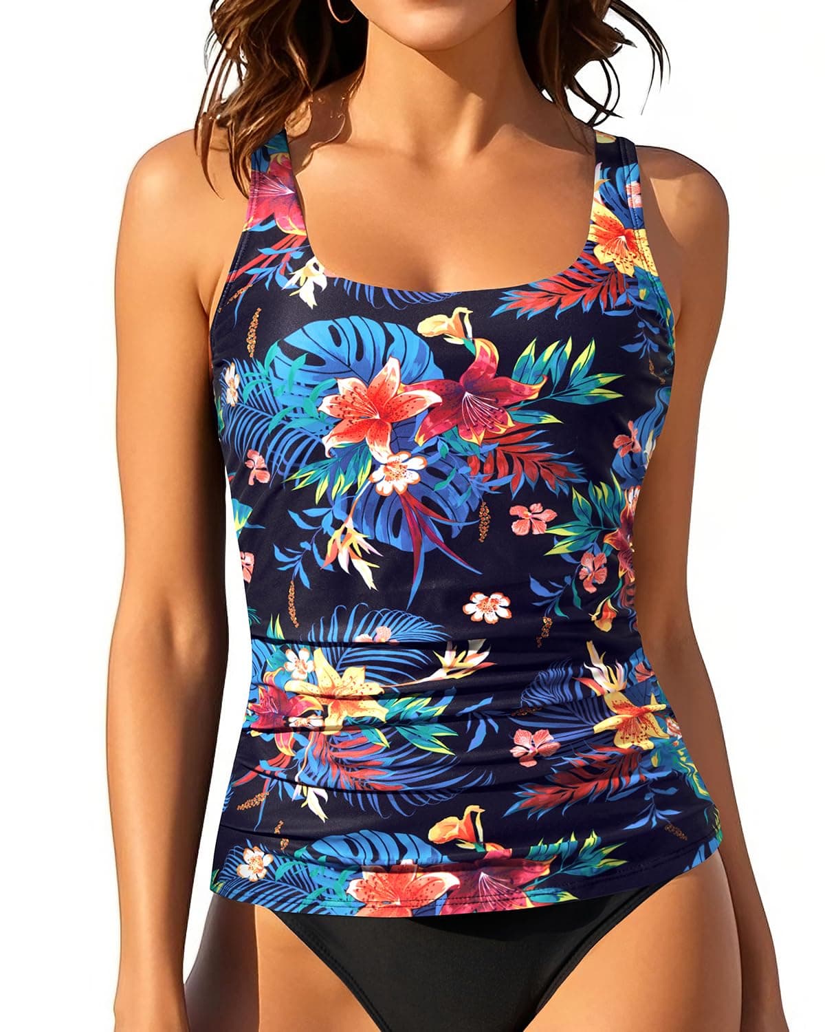 Aqua Eve Tankini Tops for Women Swimwear Top Only Tummy Control Bathing Suit Top No Bottom (Available in Plus) Black and Colorful Flower M
