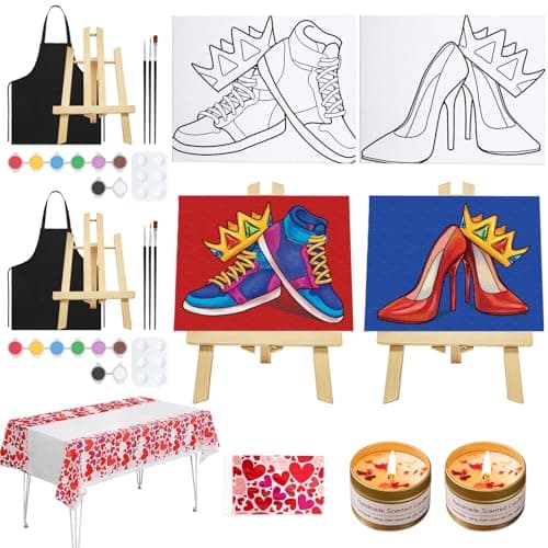 VOCHIC 2 Pack Sip and Paint Kit for Adults Pre Drawn Canvas Painting Art Set with Outline Canvas Couples Date Night Valentine's Day (Crown High Heels and Sneakers, 8 x 10 Inches)