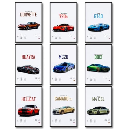 dazongweihan 9pcs Super Car Posters for Boys Room, Racing Car Wall Art for Men Guys, Sports Car Wall Decor, Race Cars Pictures Wall Decor for Bedroom Dorm Man Cave (Unframe,8x12inch) (Q1)