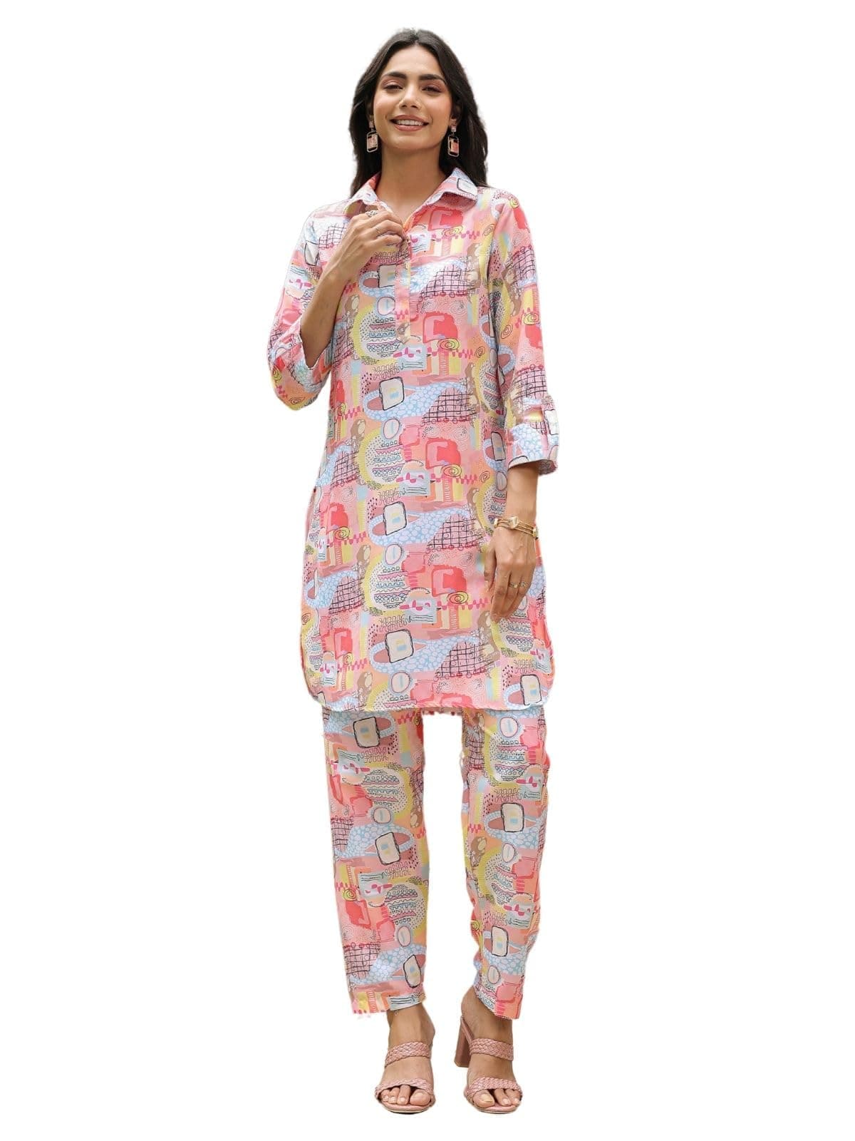 GRECIILOOKS Women Rayon Printed Standard Length Stylish Kurta Ethnic | Full Sleeve Co-Ord Set (Gl-W1951&Tr972_Multicolour_XL)