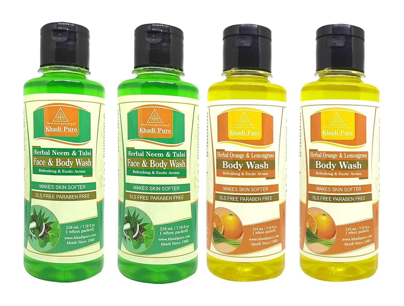 Khadi Pure Neem Tulsi Sls Orange Lemon Grass Sls Body Wash 210 Ml Pack Of 4