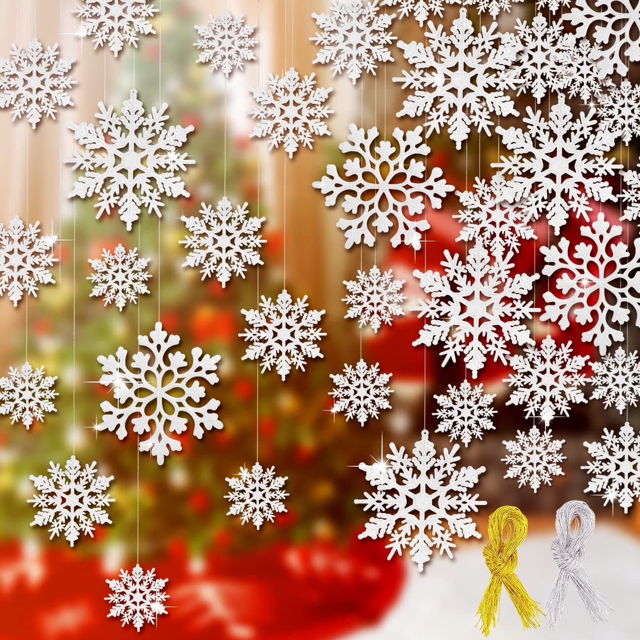 46Pcs Plastic Snowflake Ornament Christmas Glitter Snowflake Hanging Christmas Tree Decorations with Silver Rope for Winter Decorations Tree Window Door Accessories White