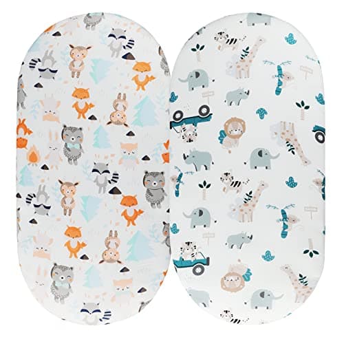 Tontukatu Bassinet Sheet Set 2 Pack Snug Fitted Cradle Fitted Sheets Stretchy Ultra Soft for Oval Rectangle Hourglass Bassinet Mattress Unisex Boy Girl Tiger Elephant Fox