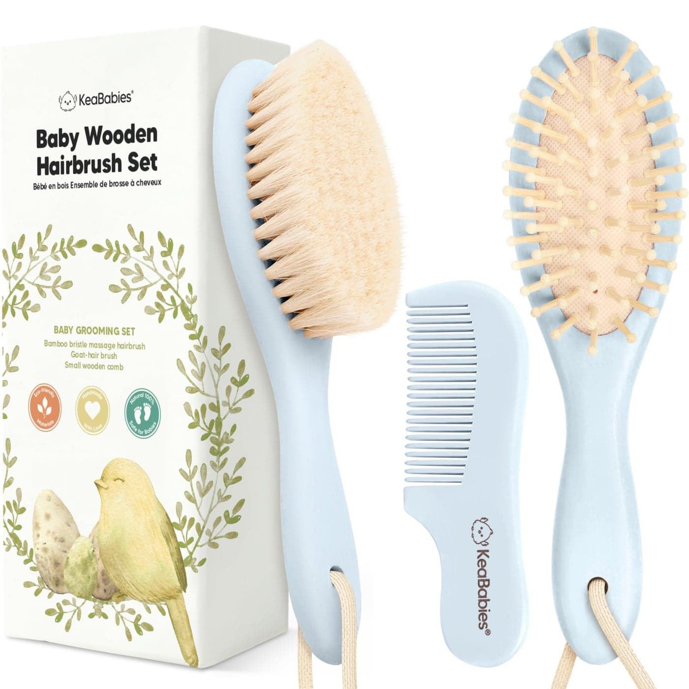 Baby Hair Brush and Comb Set for Newborn - Wooden Baby Hair Brush Set with Soft Goat Bristle, Baby Brush Set for Newborns, Baby Brush and Comb Set Girl, Boy, Toddler Cradle Cap Brush (Oval, Frost)