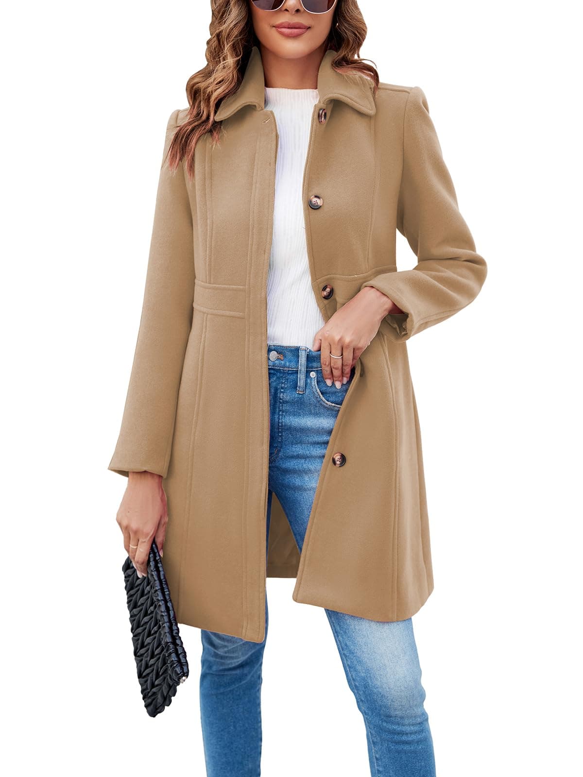 Fisoew Womens Elegant Single Breasted Coat Long Sleeve Mid Winter Overcoat Work Office Pea Coats