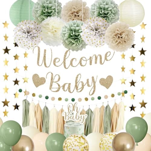 Amandir Baby Shower Decorations Sage Green Balloons Welcome Baby Banner Cake Topper Paper Lanterns Pom Poms Flowers Tassels Circle Dots Star Garland Neutral Gender Reveal Birthday Party Supplies