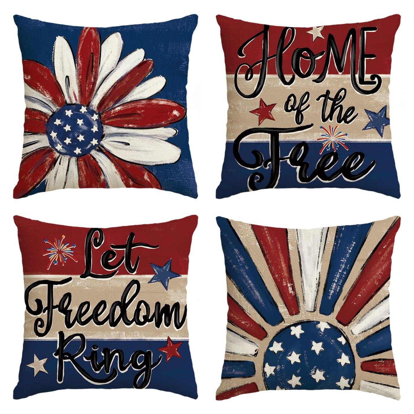 AVOIN colorlife Let Freedom Ring Stars Fireworks Red White Flower Throw Pillow Covers 18 x 18 Inch 4th of July Patriotic Independence Memorial Day USA Flag Cushion Case for Sofa Couch Set of 4