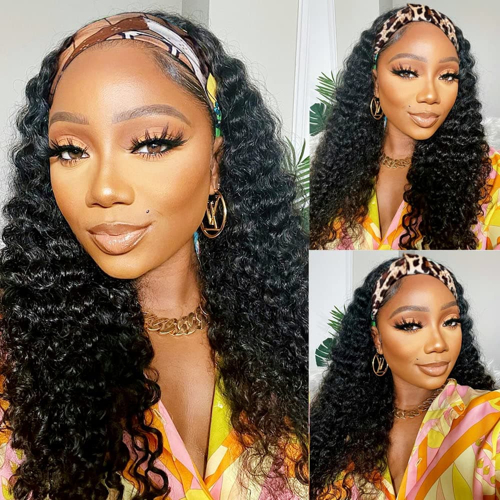 Headband Wig Human Hair Wigs 18 Inch Wear and Go Glueless Wig Curly Deep Wave Headband Wig Natural Color