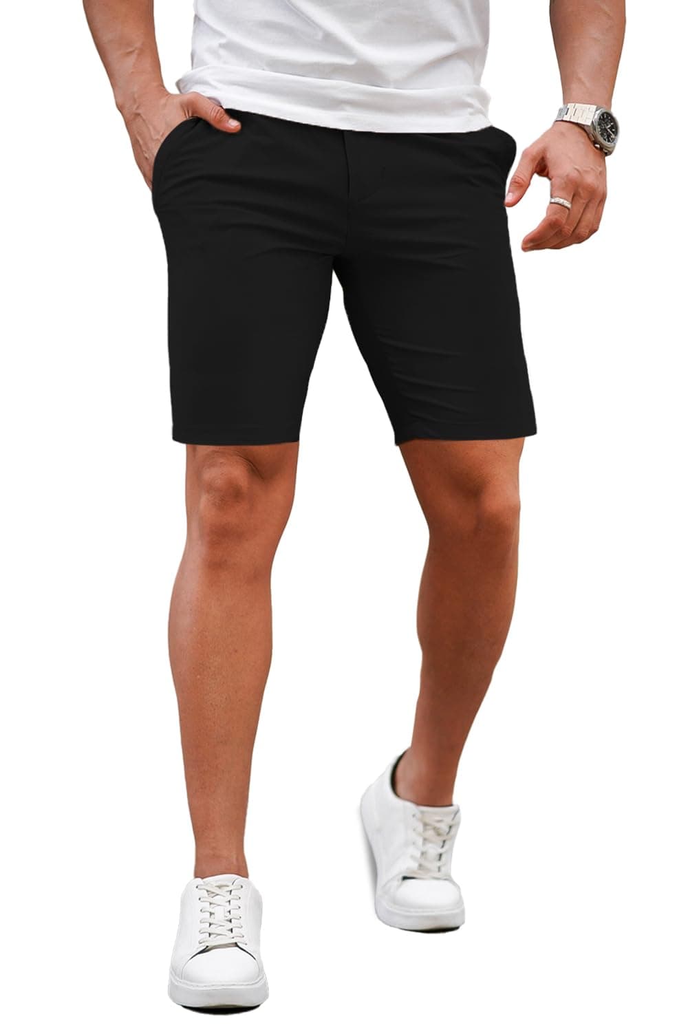 GINGTTO Mens Slim Fit 9" Inseam Flat-Front Shorts Chinos Elastic Waist (30, Black)