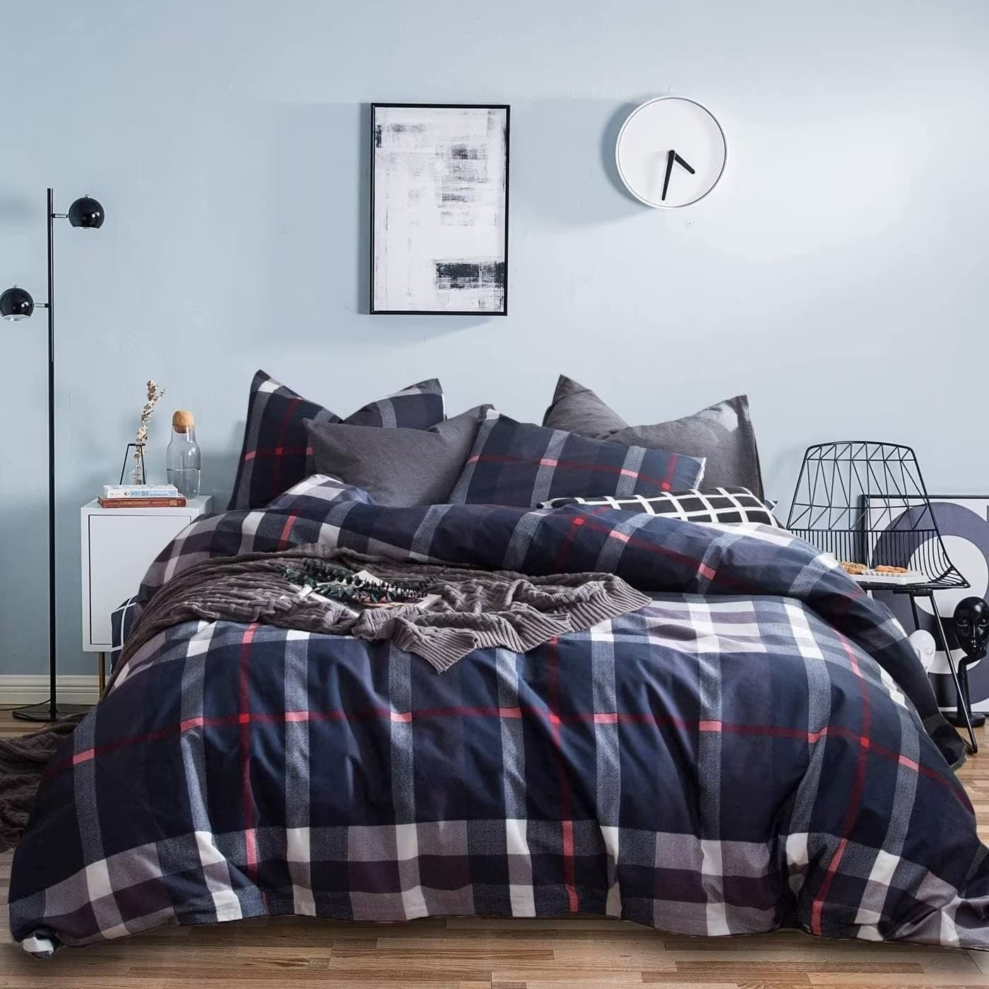 Houseri Navy Blue Plaid Comforter Set Cal King Dark Blue Bedding Set California King Size Navy Grid Buffalo Checkered Cal King Comforter Sets Tartan Gingham Comforter Oversized Checks Comforter King