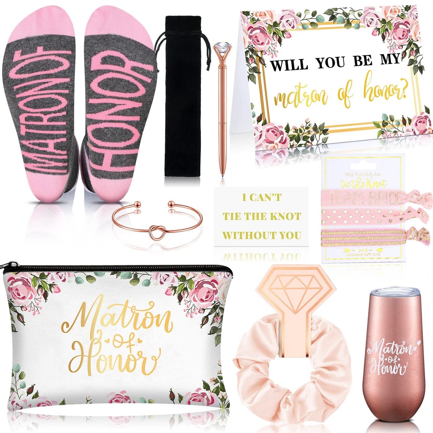 Yexiya 13 Pcs Bridesmaid Proposal Gifts Set Will You Be My Bridesmaid Gift 6 oz Stainless Steel Wine Tumbler Socks Scrunchie Pen for Engagement Wedding Bachelorette Party SupplyRose