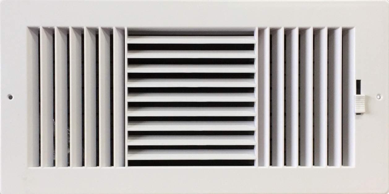 Three-way plastic side wall/ceiling register in white 14"w X 6"h for duct opening (outside dimension is 15.75"w X 8"h)