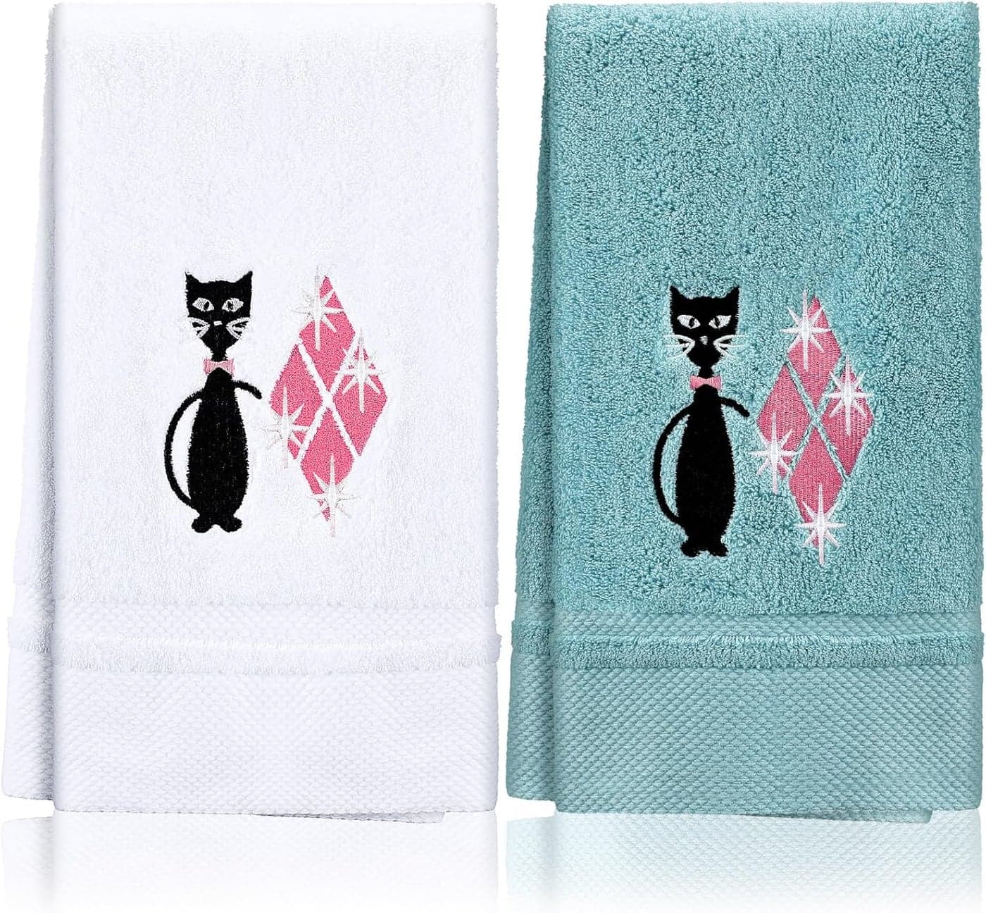 Macarrie 2 Pcs Mid Century Modern Black Cat Kitchen Towels Retro Cat Dish Towels Cotton Embroidery Absorbent for Kitchen Bathroom Decorative Housewarming Gift 29 x 134 Inches