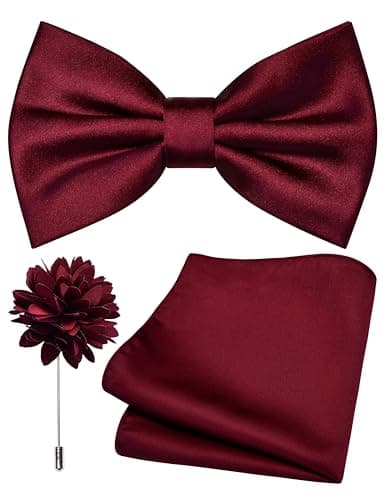 Branduce Mens Wine Burgundy Bow Tie for Wedding Solid Satin Silk Bowties Pocket Square and Lapel Pin Brooch Set (BB07-33)