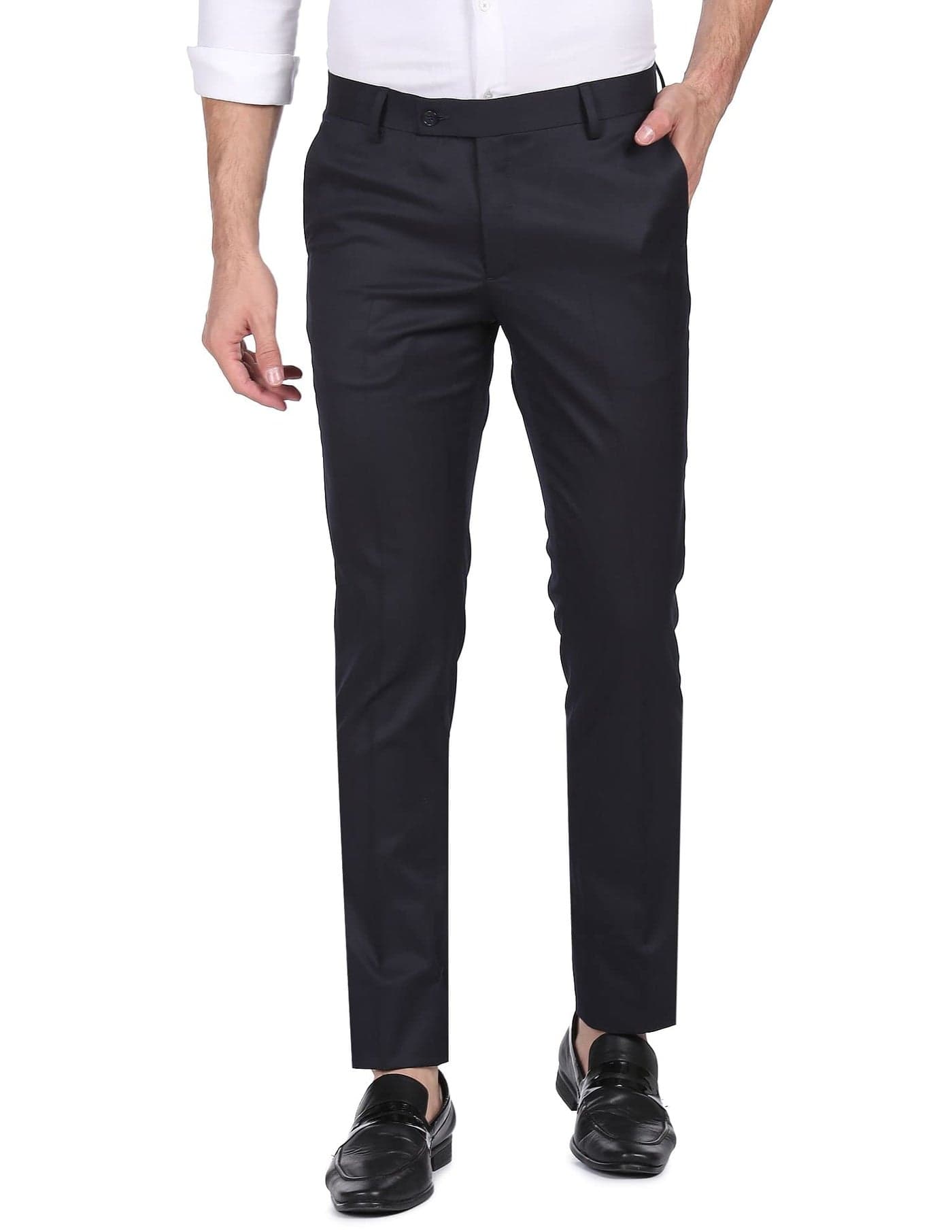 Arrow Men Mid Rise Solid Tailored Fit Polyester Formal Trouser (ARCBOTR0003_Navy_30)