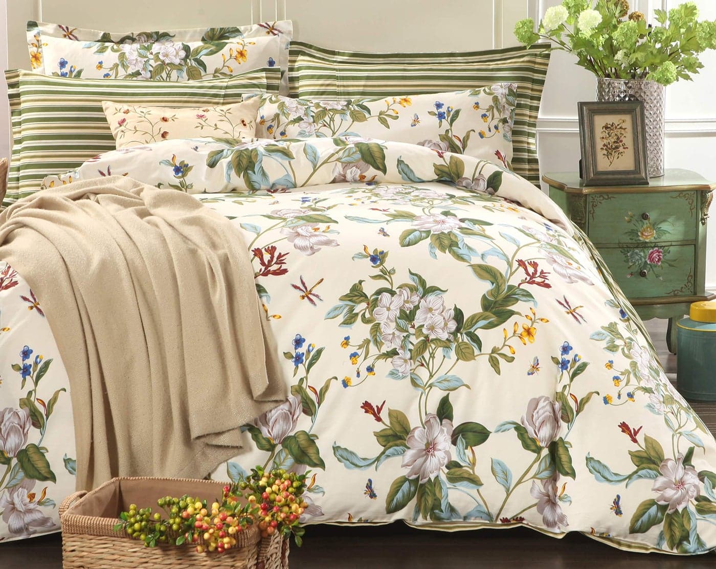FADFAY Floral Duvet Cover Set 100% Cotton Green and Beige Striped Shabby Flower Bedding Branches Summer Bedding Reversible 600 TC Soft Zipper Comforter Cover & 2 Pillowcases,Queen