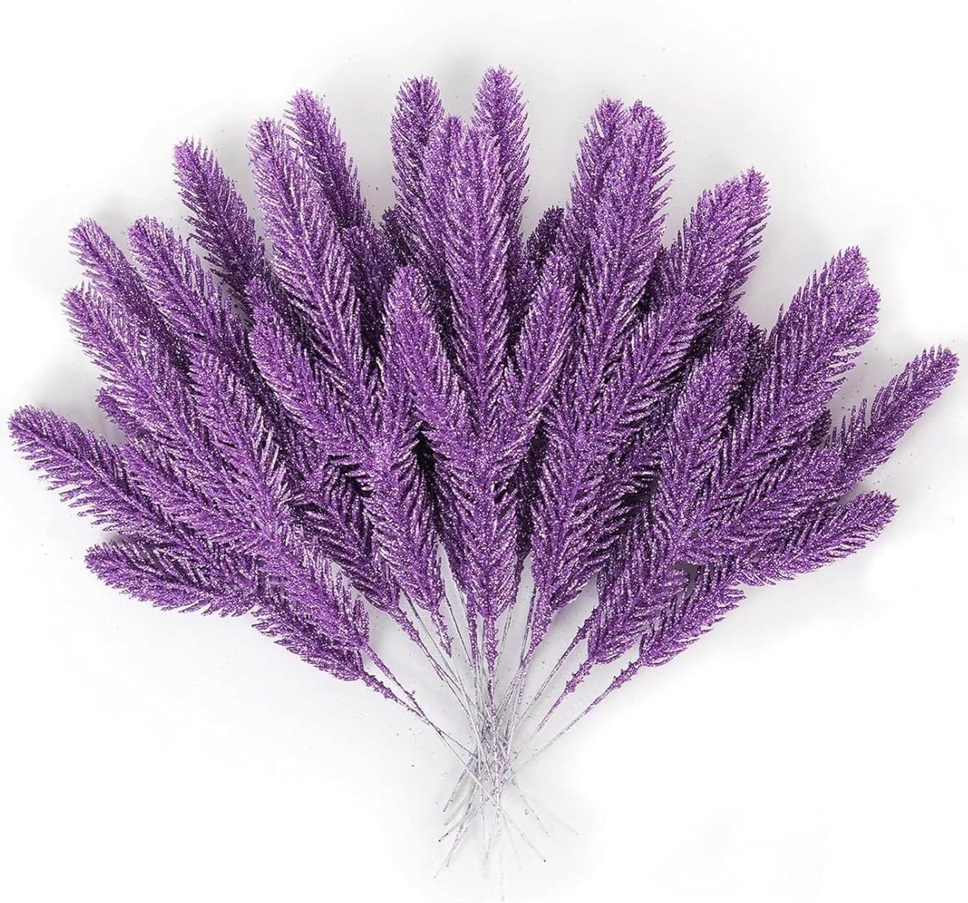 20 PCS Artificial Pine Needles Branches Christmas Glitter Twigs Pine Picks Stems DIY for Christmas Tree Garland Wreath Xmas Decoration and Fireplace Vase Home Indoor Outdoor Decor(Purple)