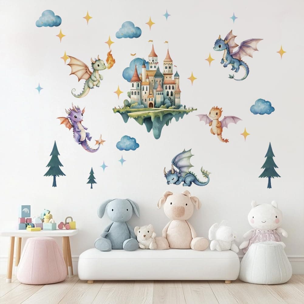SUPERDANT Flying Dragon Wall Stickers Cartoon Castle Wall Decor Nursery Stickers Dragon DIY Vinyl Murals Peel and Stick Wallpaper Art Decals for Kids Room Playroom Livingroom Baby Room Decor